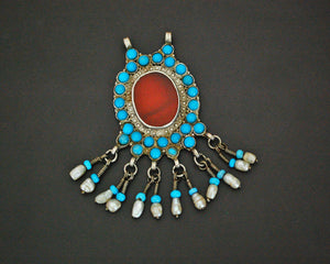Afghani Carnelian Pendant with Turquoise and Pearls -