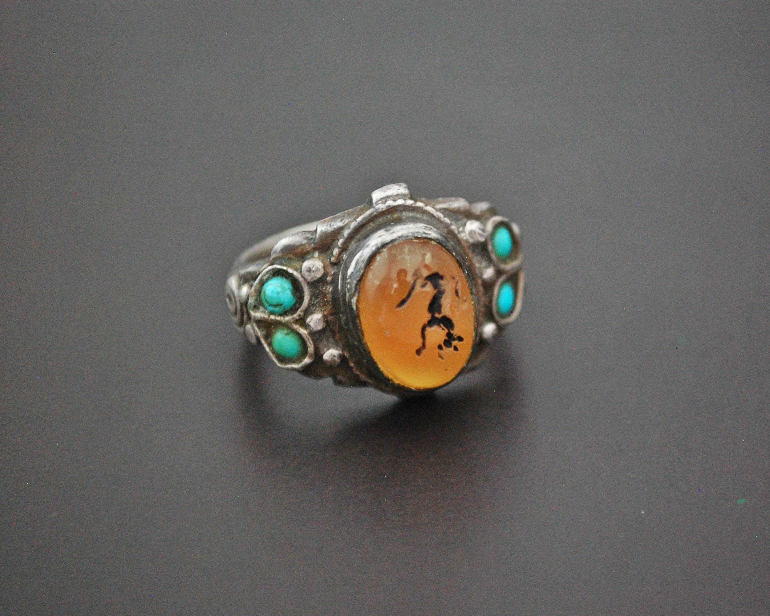 Old Afghani Intaglio Amber Turquoise Ring - Size 8.5