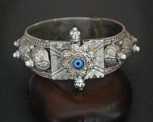 Yemeni Bedouin Hinged Silver Bracelet with Blue Glass