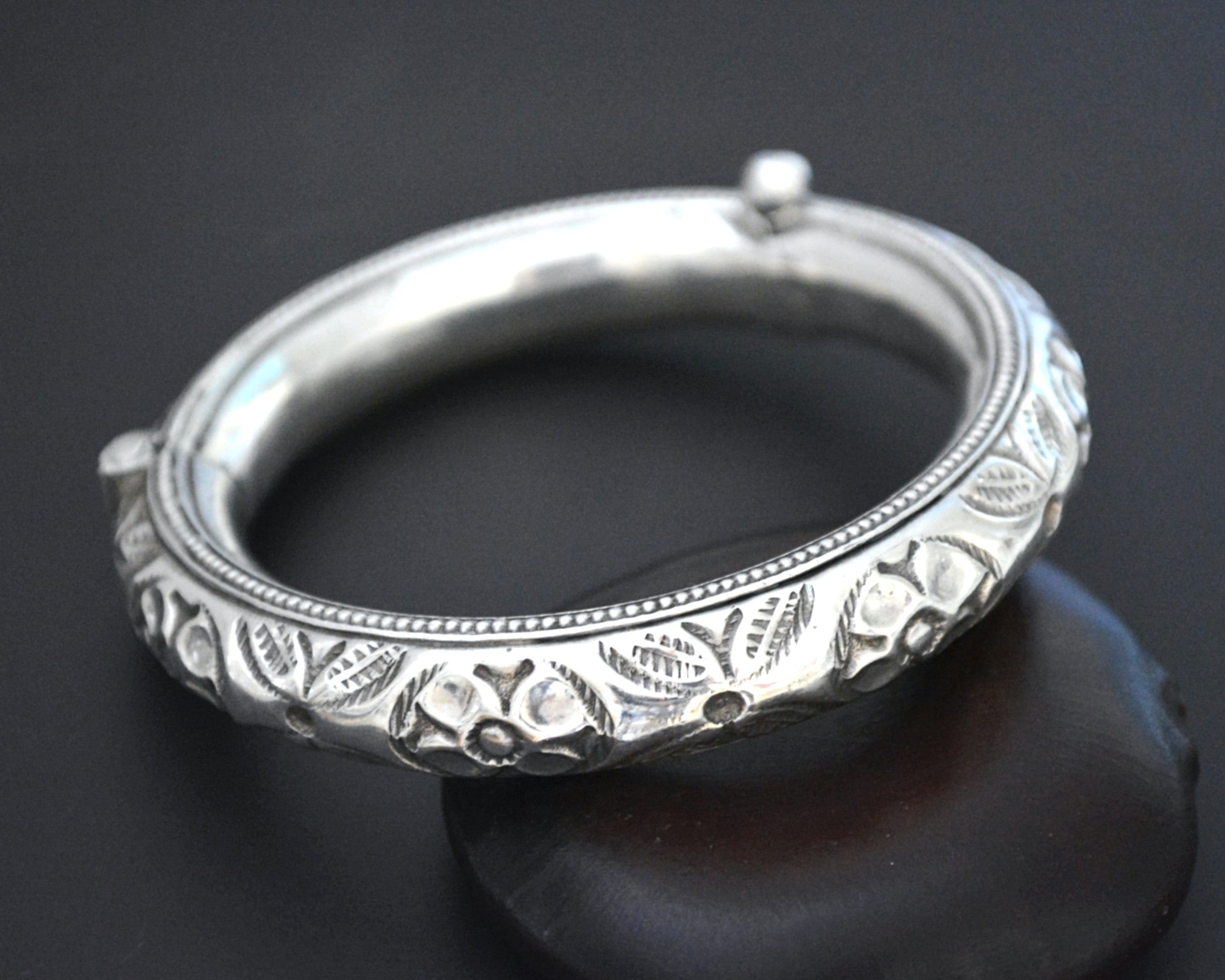Hinged Repoussee Silver Bangle Bracelet from India