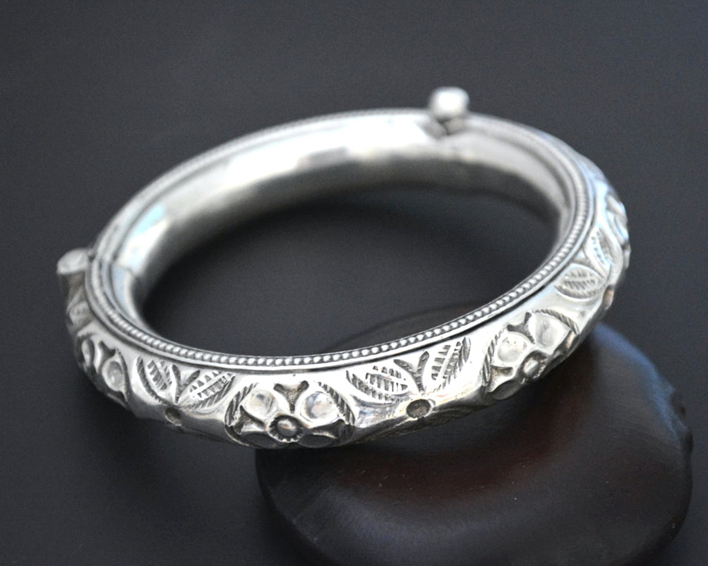 Hinged Repoussee Silver Bangle Bracelet from India