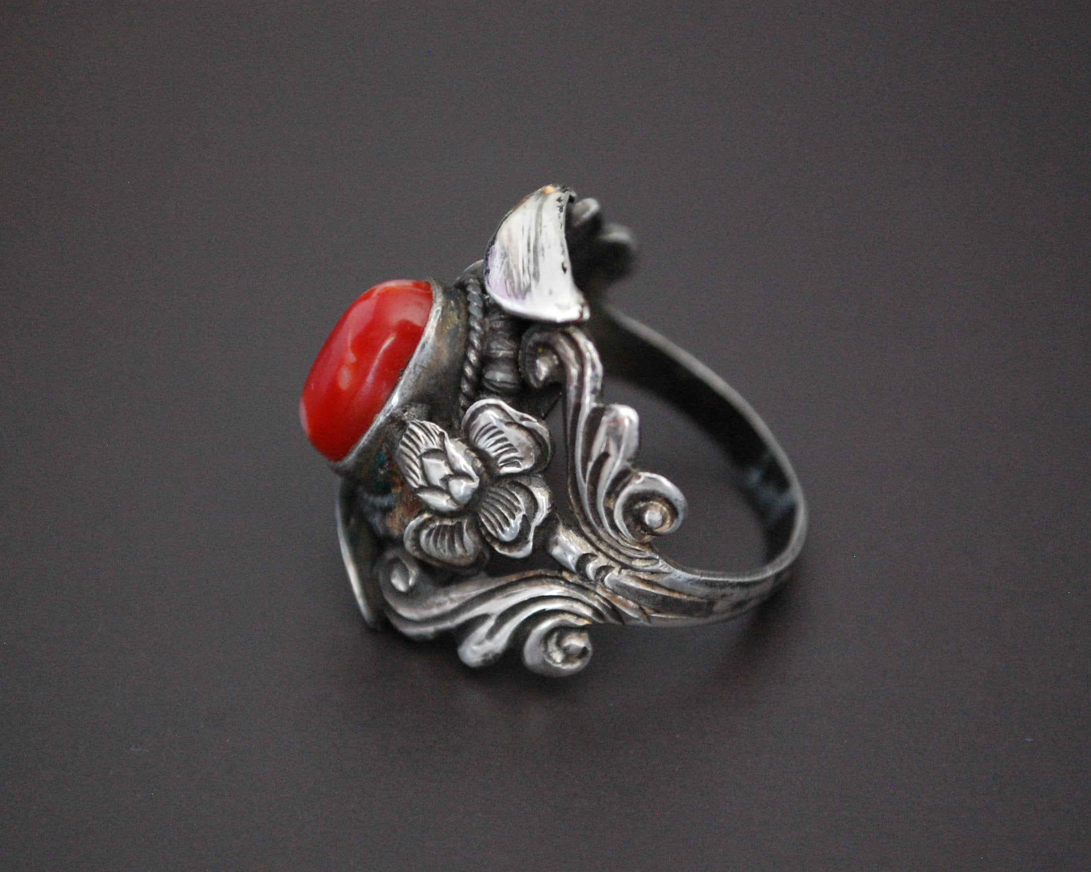 Nepali Coral Saddle Ring - Size 7.5