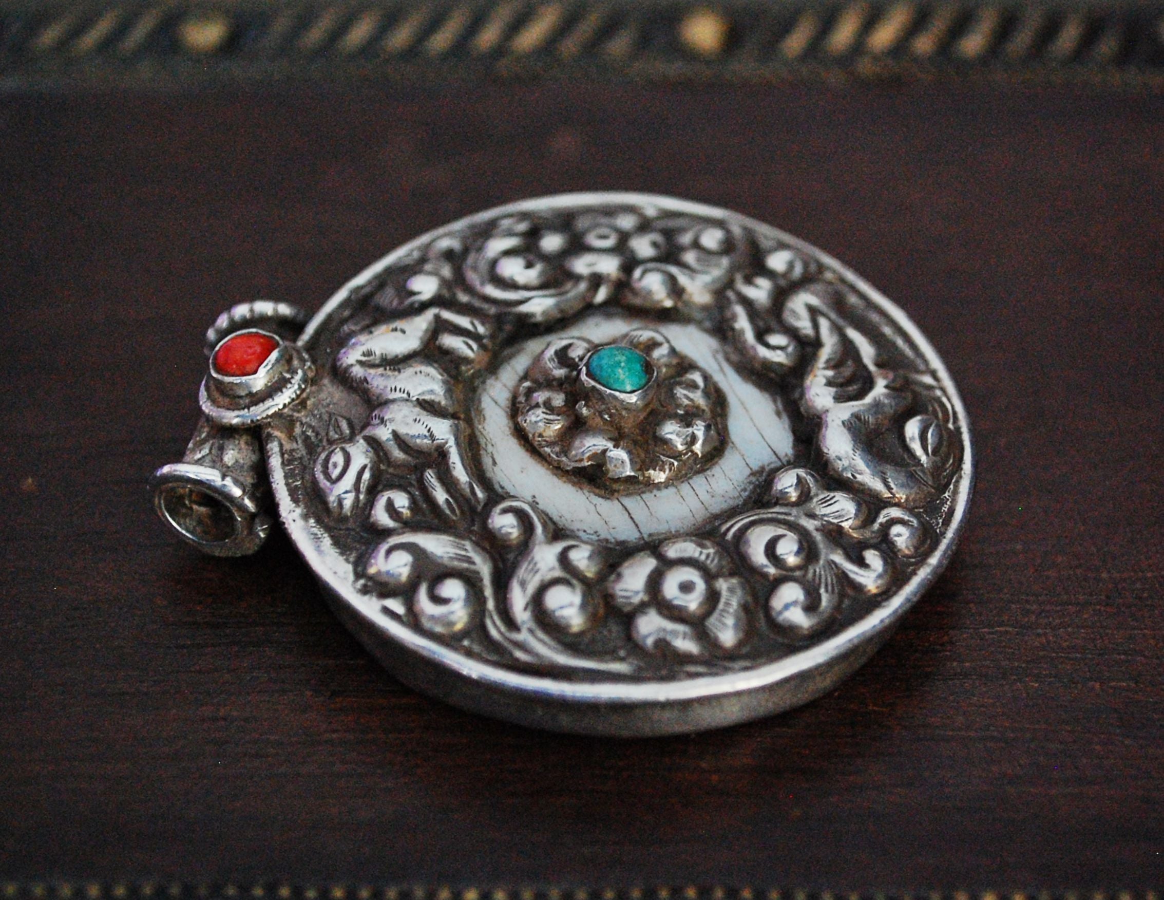 Nepali Shell Repoussee Silver Amulet with Coral and Turquoise