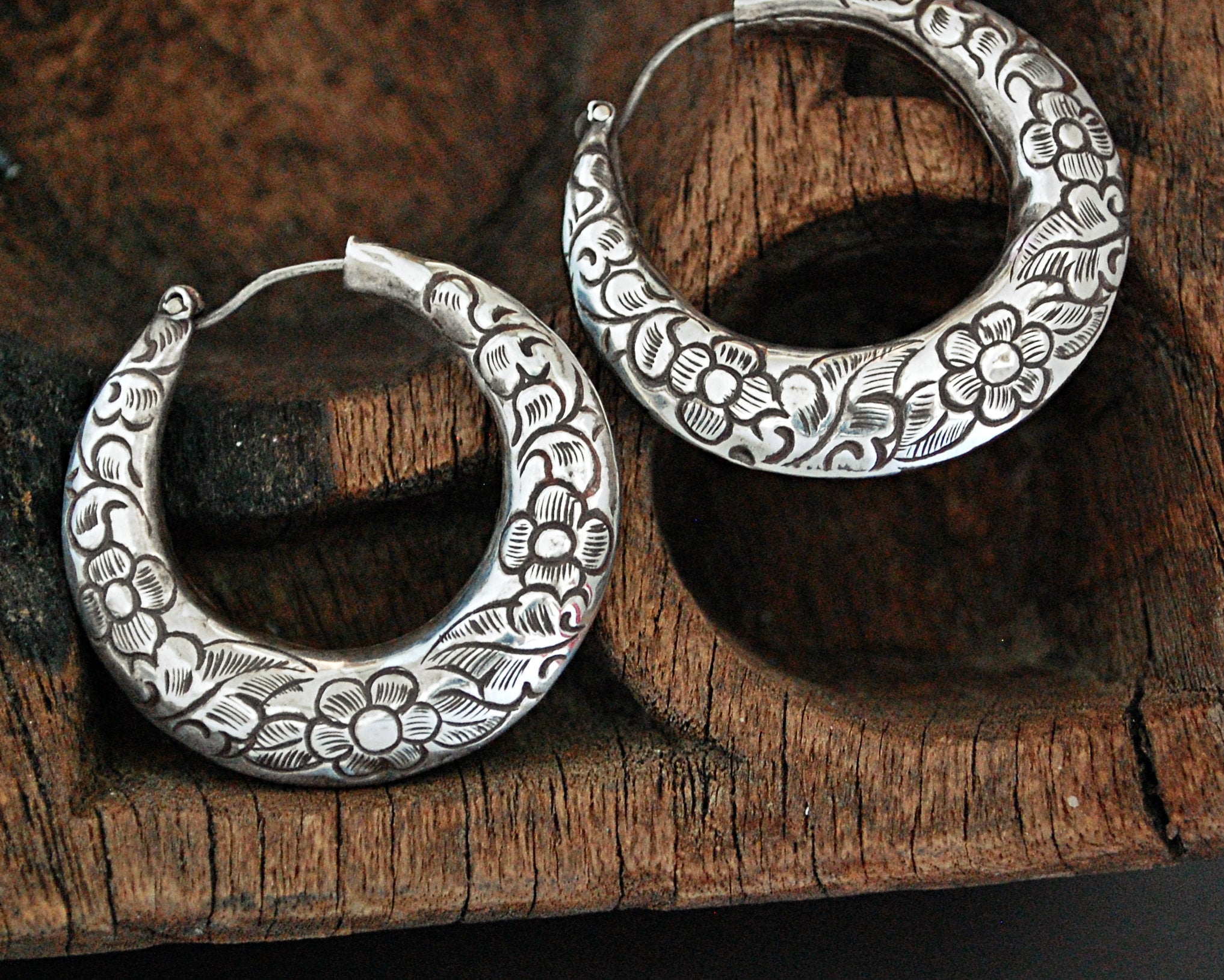 Nepali Hoop Earrings with Flowers - MEDIUM