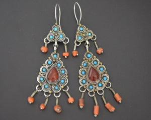 Uzbek Carnelian Coral Turquoise Dangle Earrings