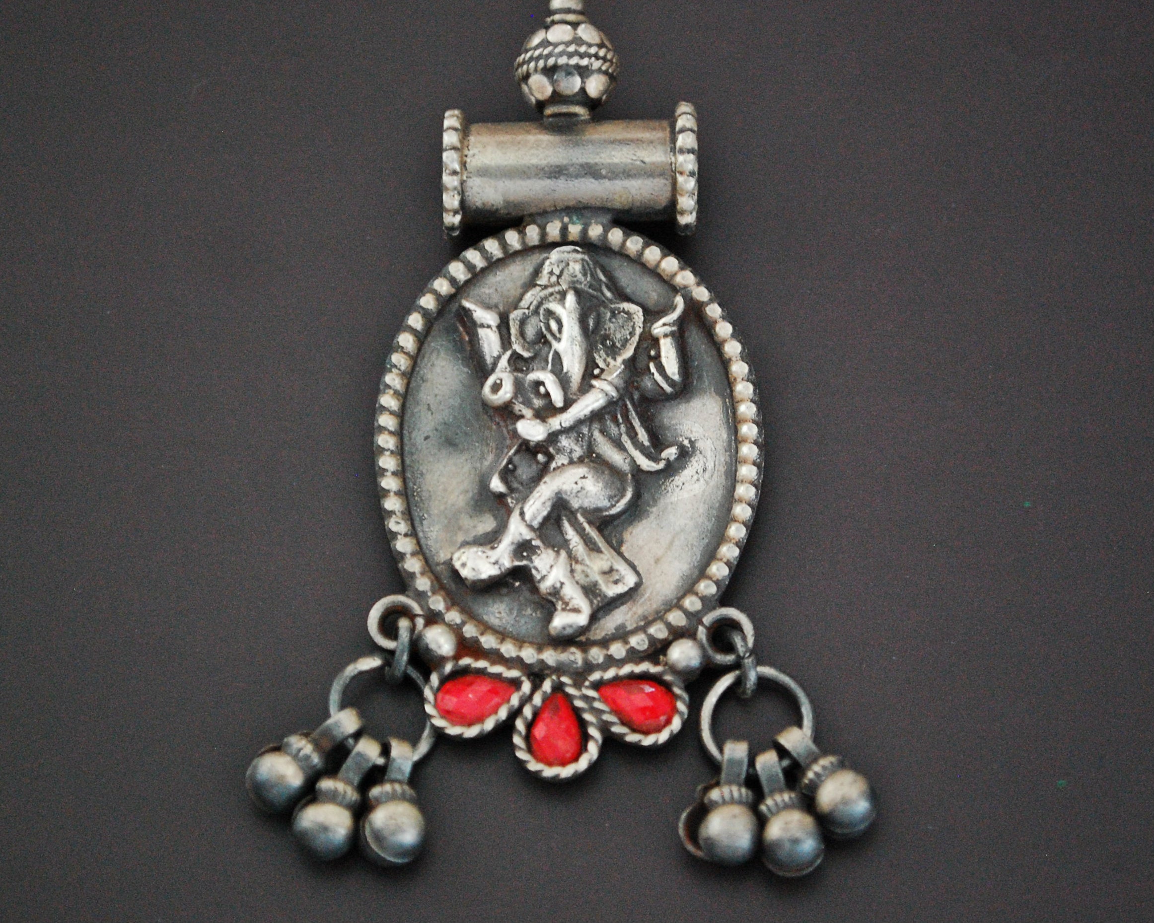 Ganesha Pendant with Bells and Red Glass