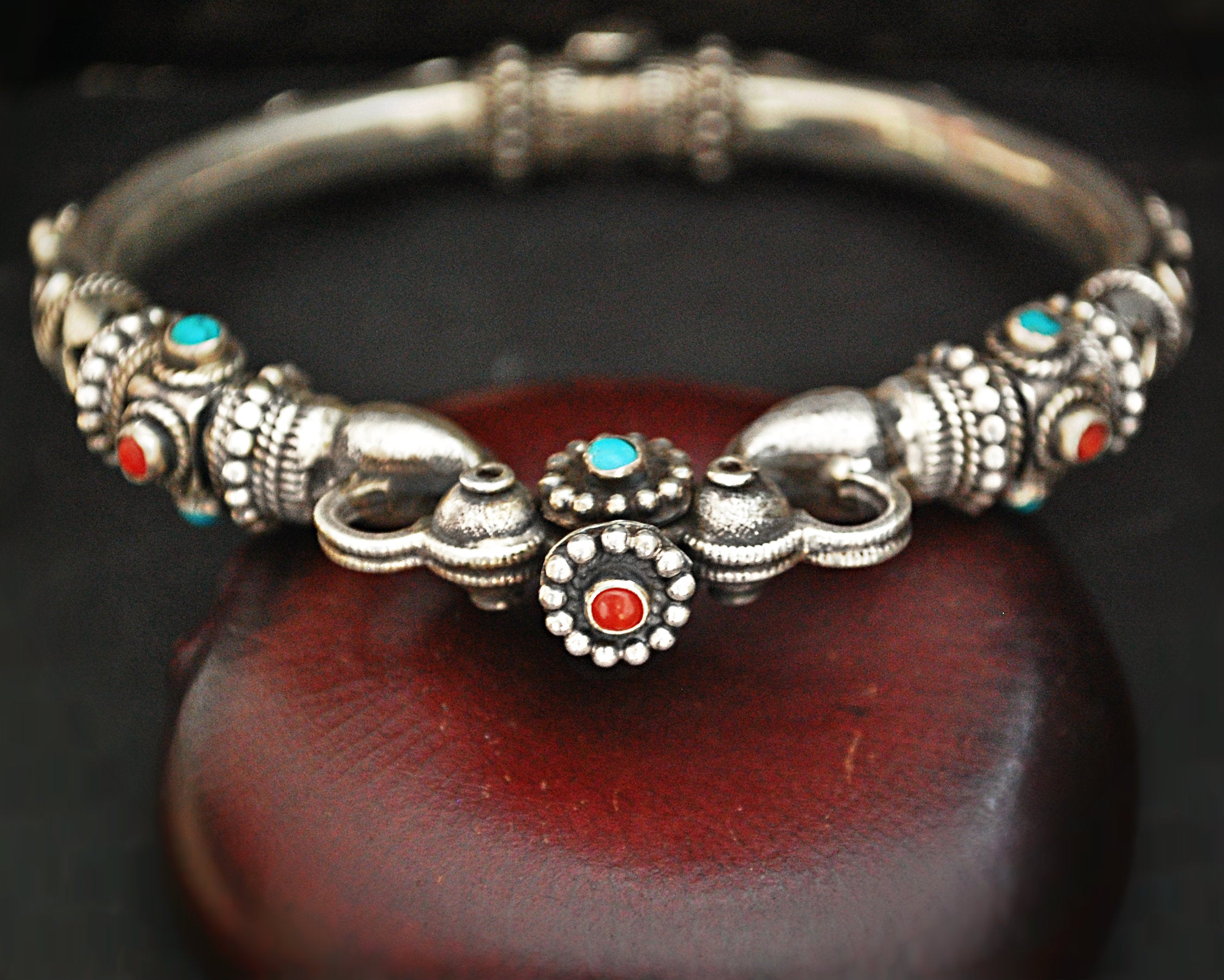Indian Silver Bracelet with Turquoise and Coral