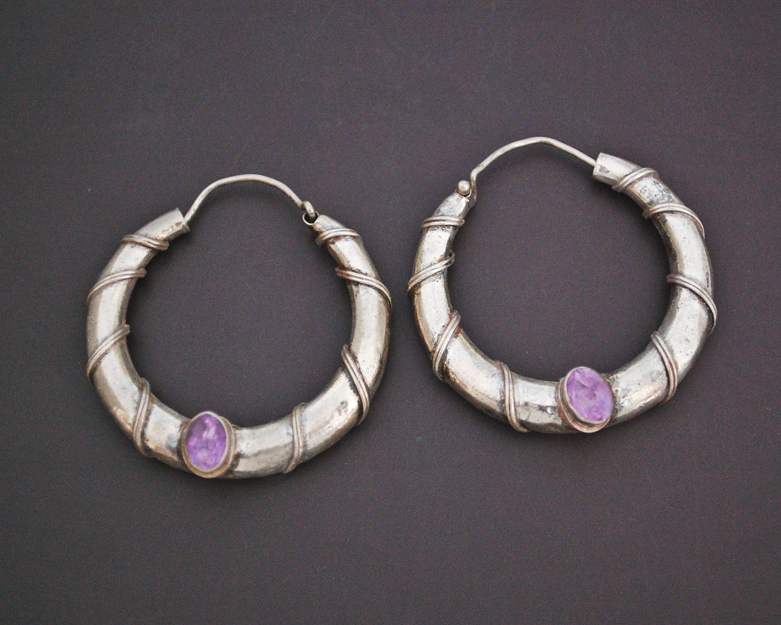 Ethnic Amethyst Hoop Earrings - MEDIUM / LARGE