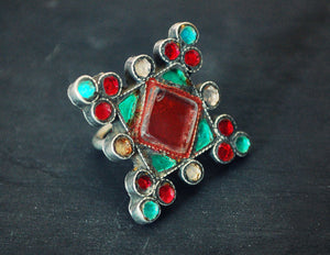 Afghani Silver Ring with Red Glass - Size 6.5 - Pashtun Ring