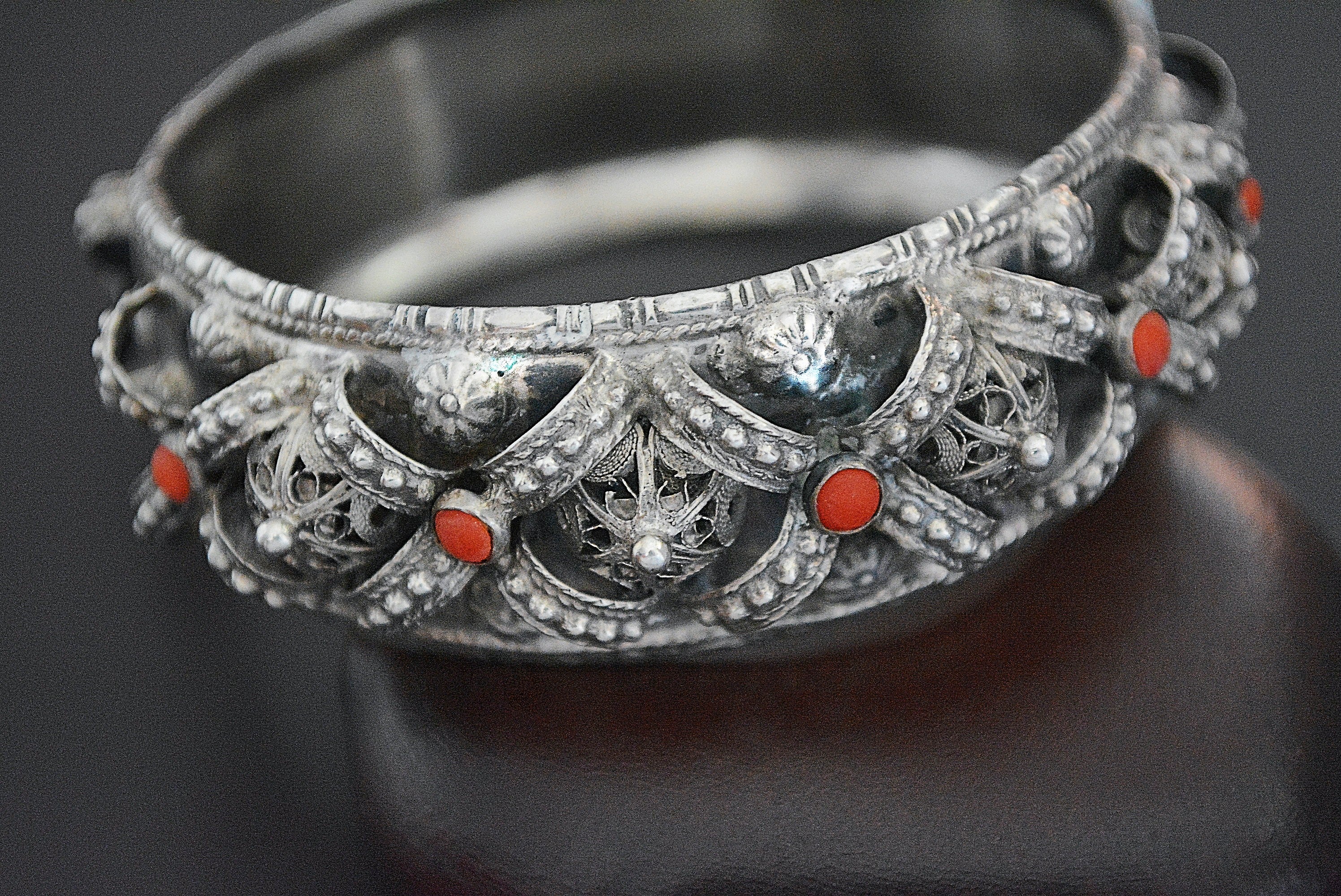Substantial Coral Filigree Hinged Bracelet
