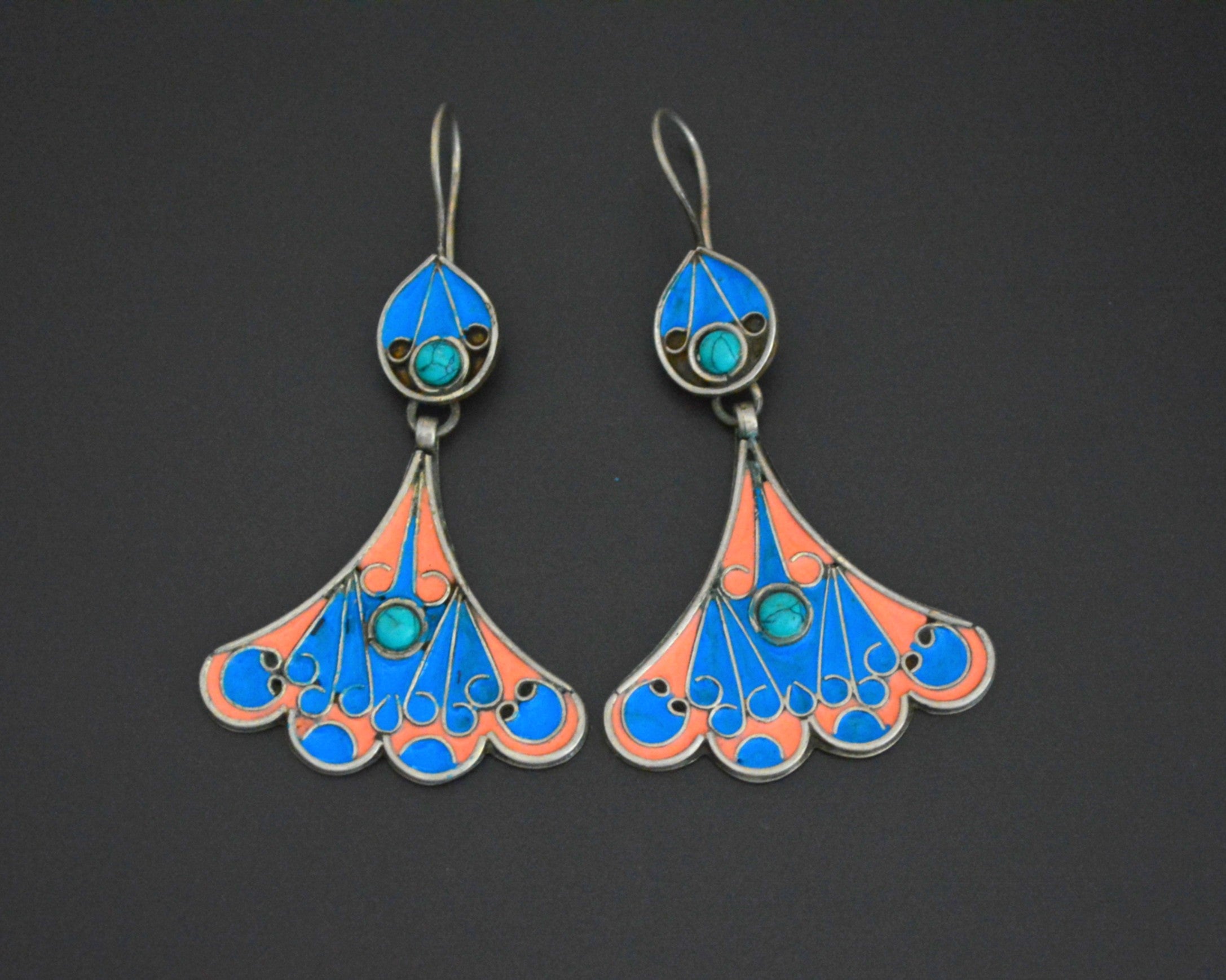 Pretty Turkmen Earrings with Enamel and Turquoise