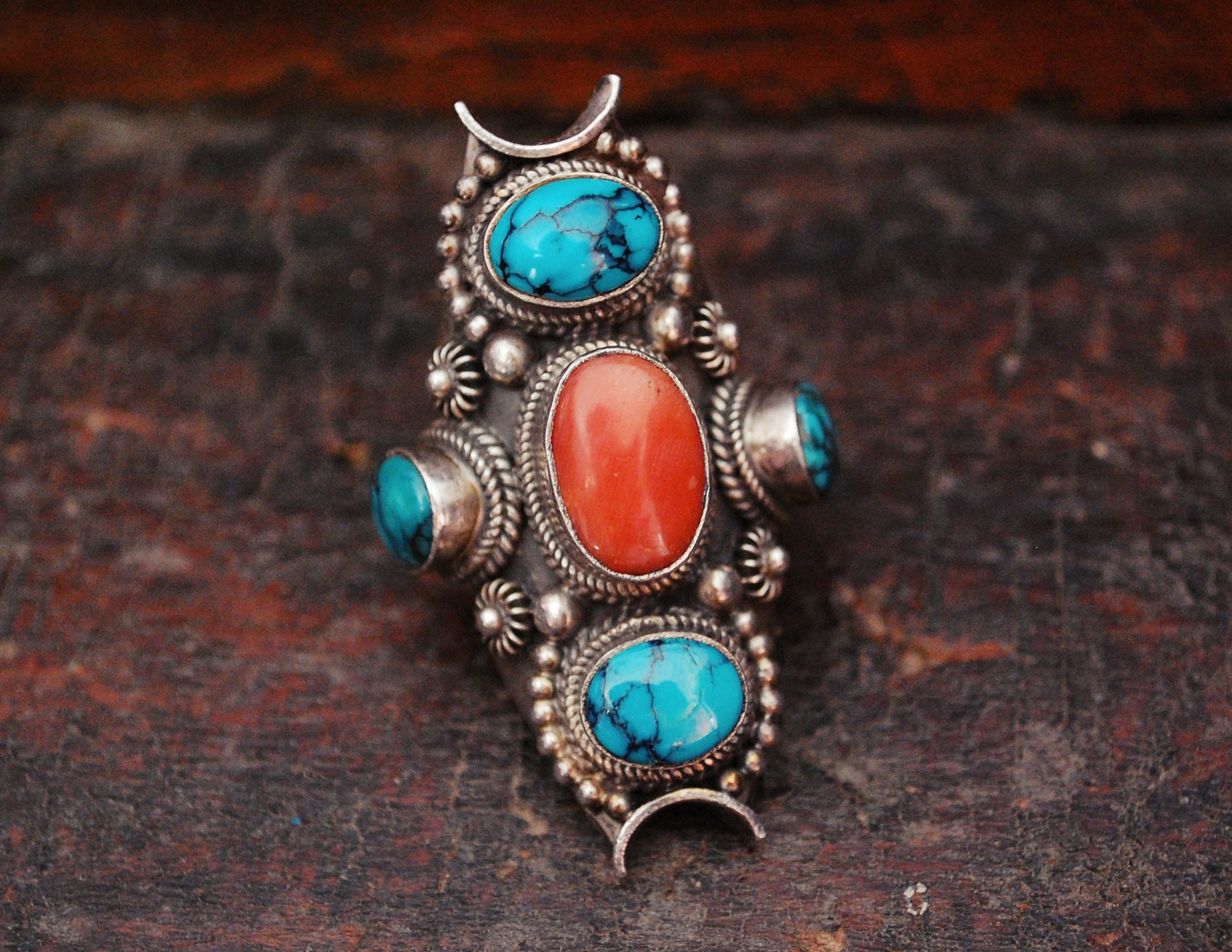 Huge Nepalese Turquoise Coral Ring - Size 8.5