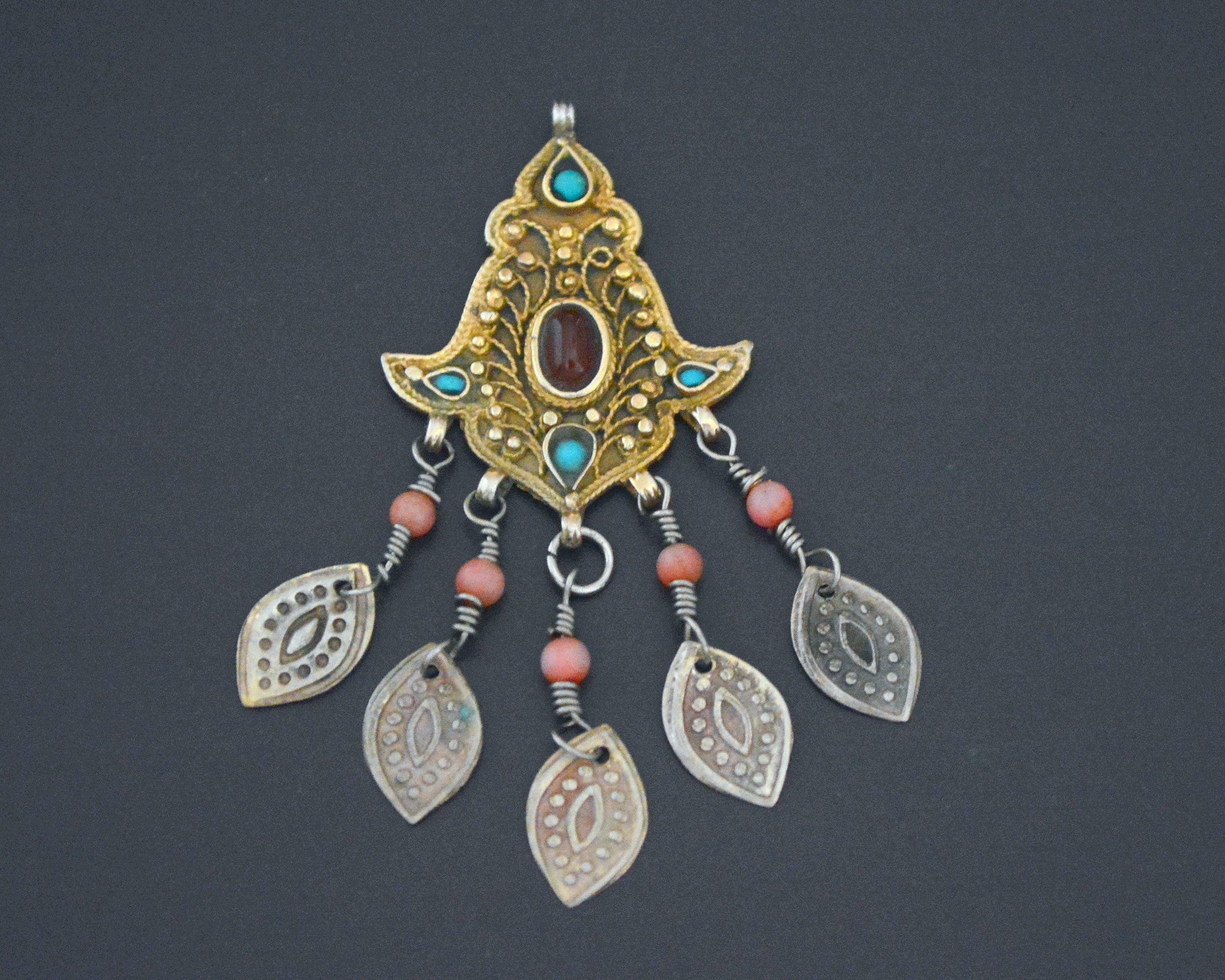 Gilded Uzbek Coral Turquoise Carnelian Pendant