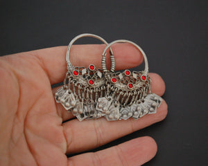 Afghani Hoop Earrings with Tassels and Red Glass