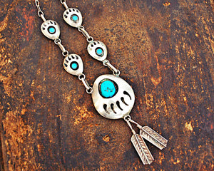 Native American Bear Claw Necklace with Turquoises