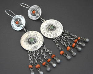 Uzbek Coral Turquoise Earrings with litte Bell Dangles