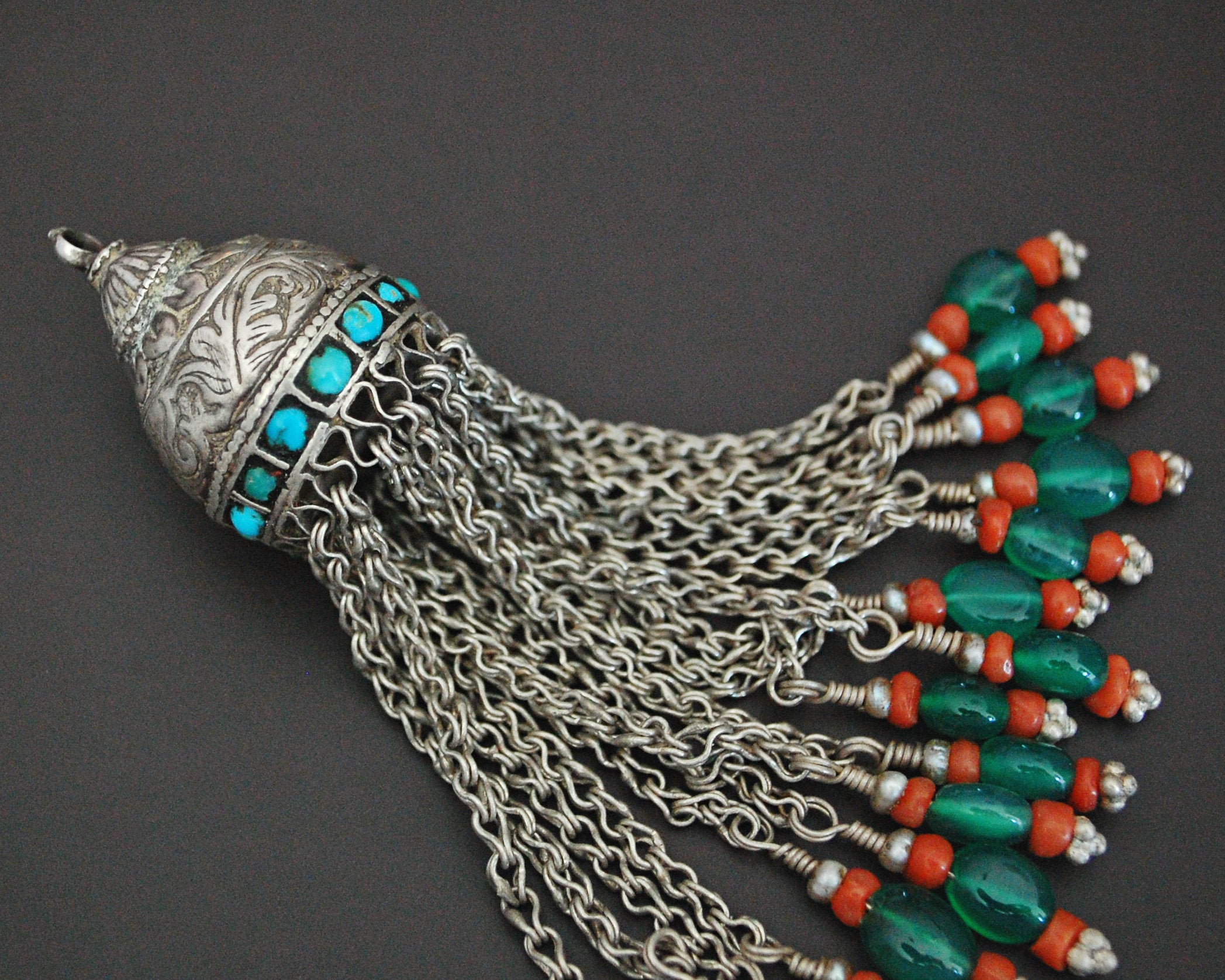 Old Uzbek Turquoise and Coral Tassel Pendant