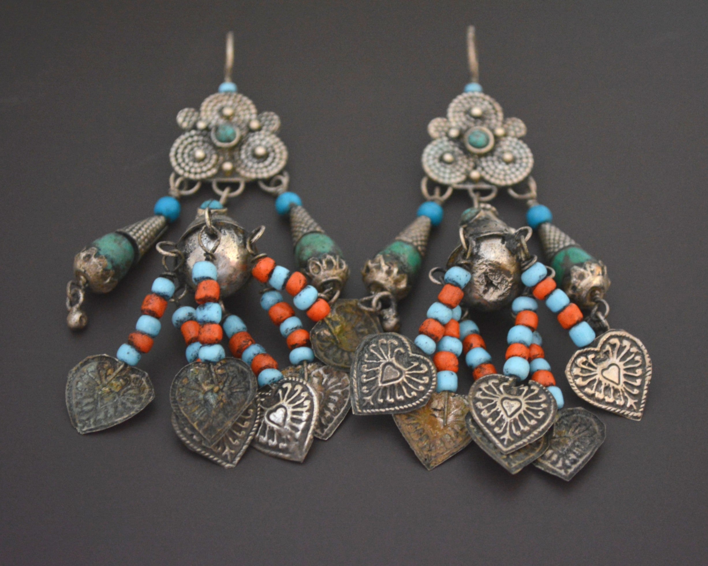 Huge Uzbek Coral Turquoise Dangle Earrings