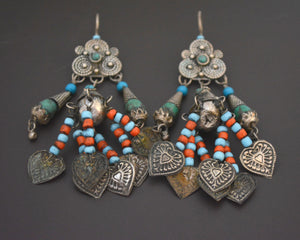Huge Uzbek Coral Turquoise Dangle Earrings