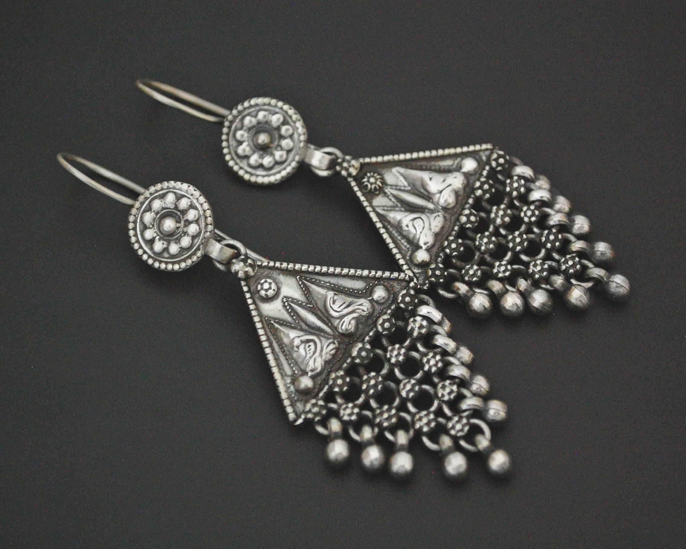 Long Rajasthani Silver Earrings with Dangles