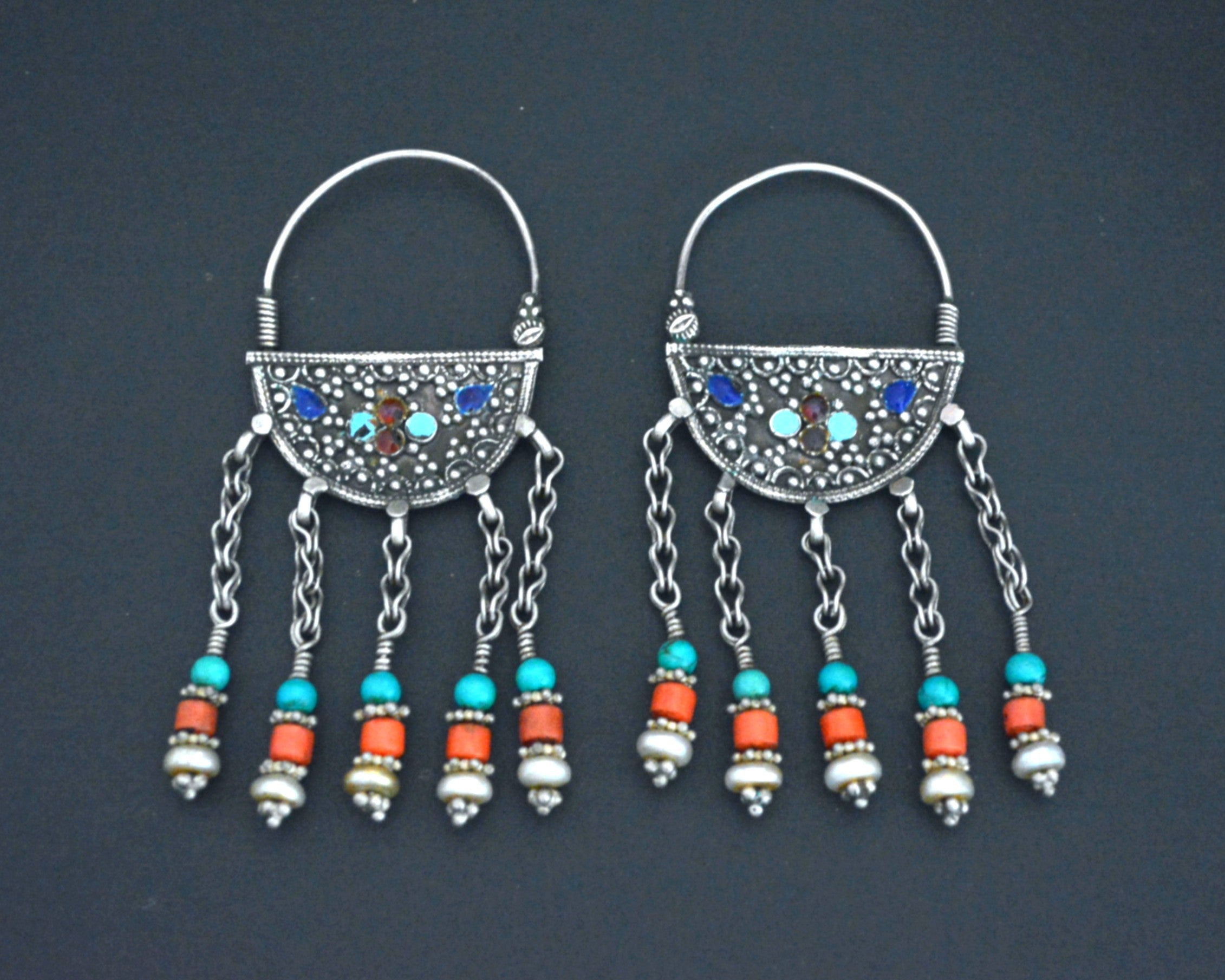 Uzbek Coral Turquoise and Pearl Earrings