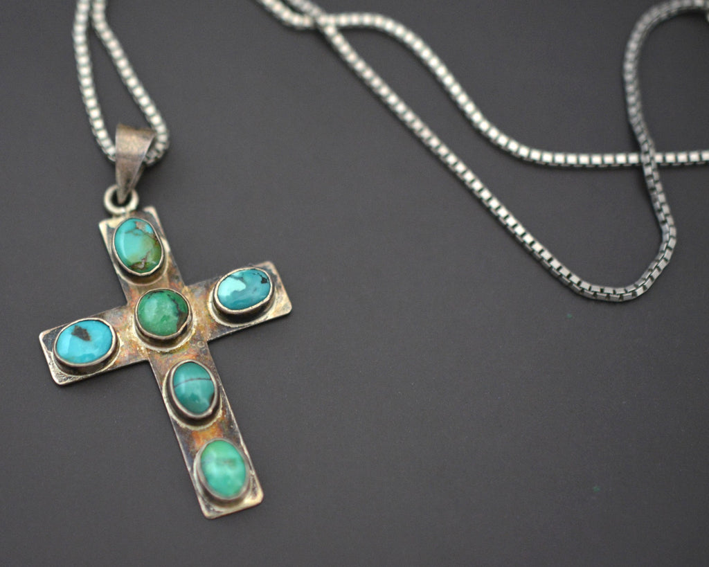 Turquoise Cross Pendant on Silver Chain