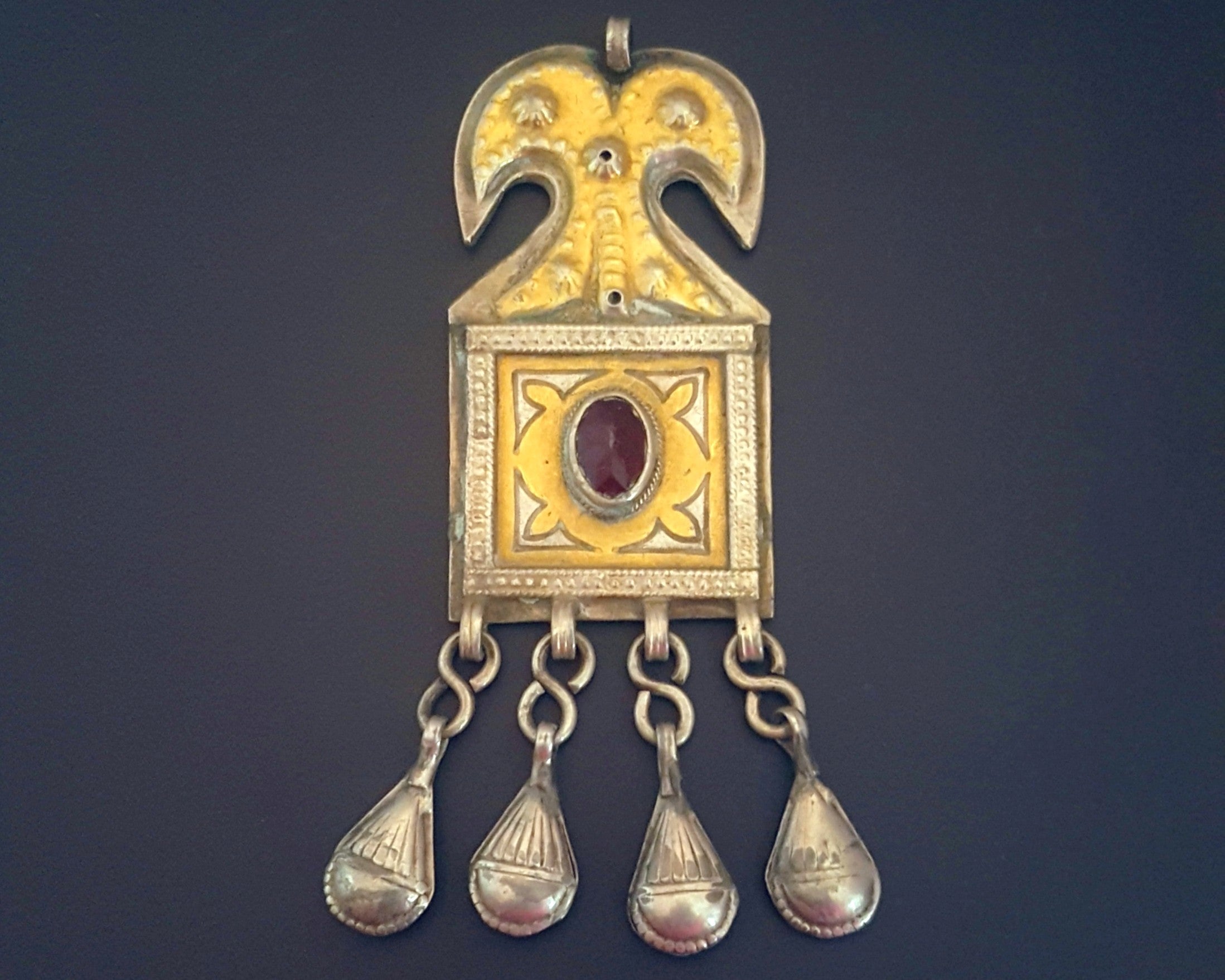 Turkmen Gilded Silver Pendant with Red Glass