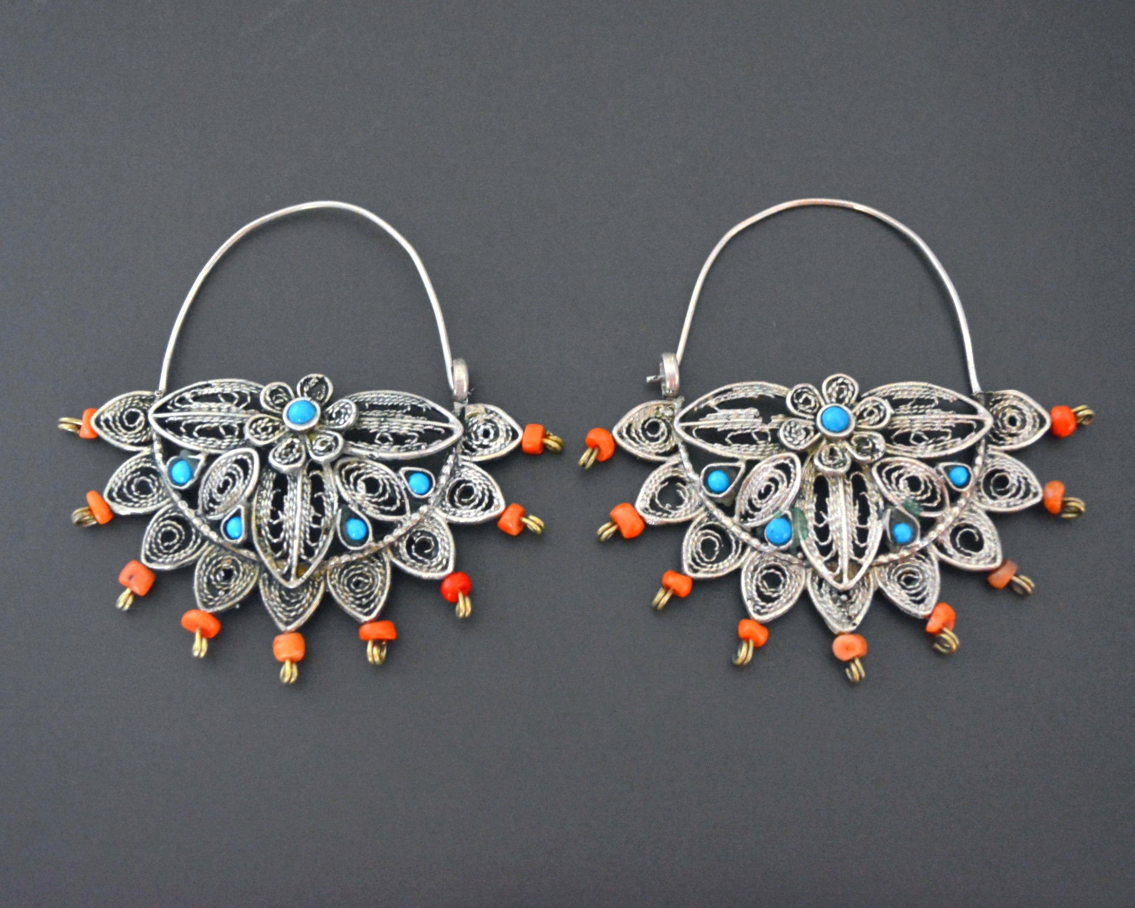 Uzbek Coral Turquoise Filigree Hoop Earrings