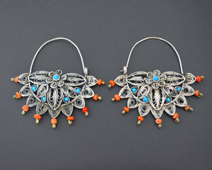 Uzbek Coral Turquoise Filigree Hoop Earrings