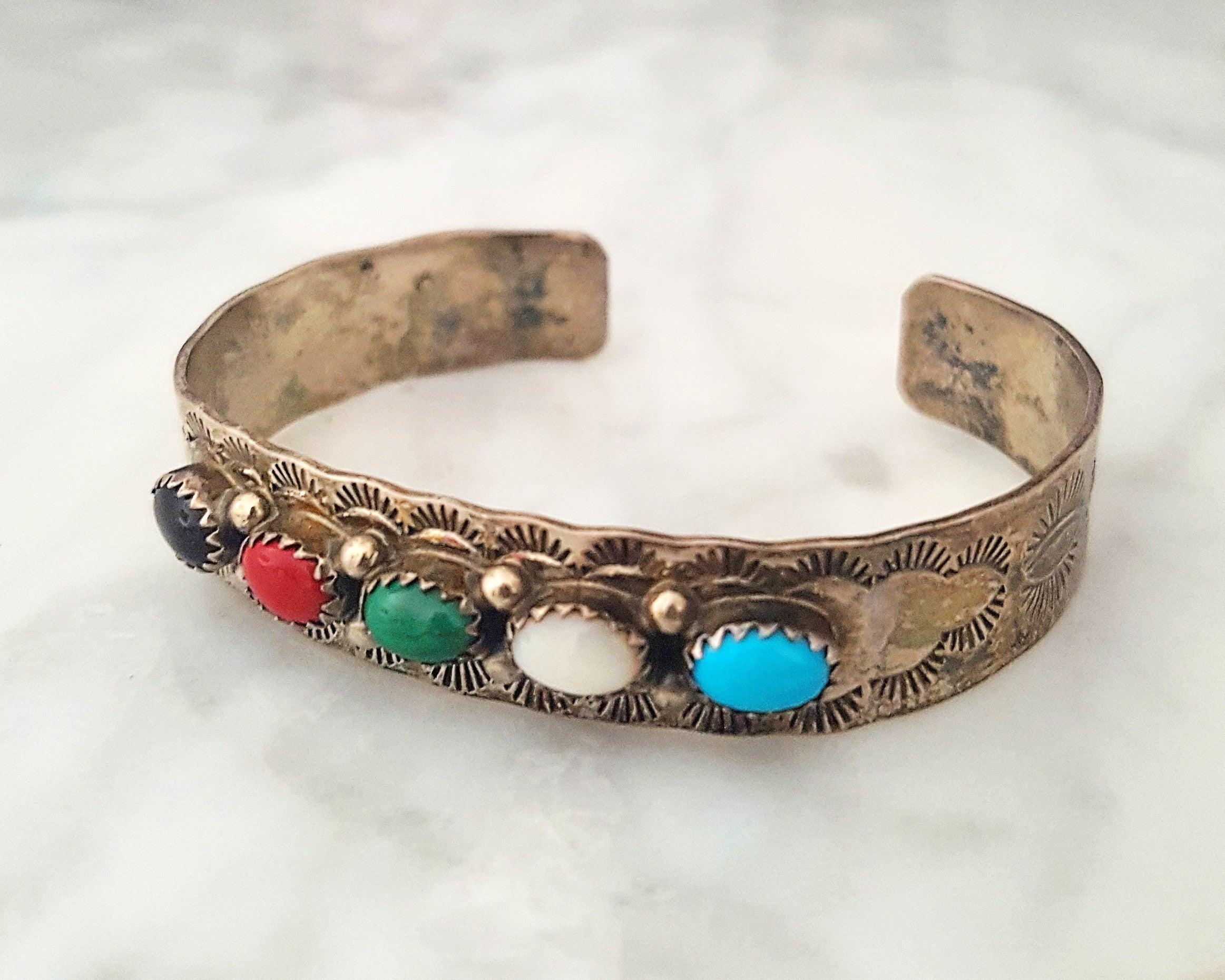 Native American Multistone Cuff Bracelet - Signed - Size S