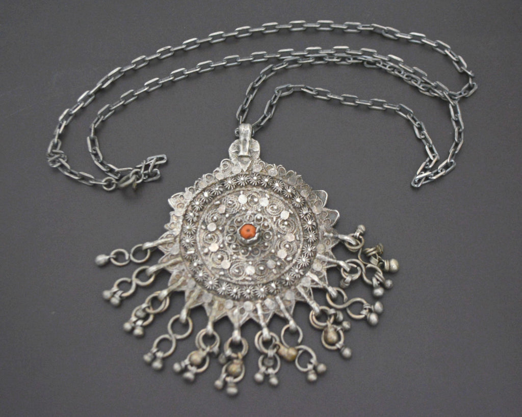 Yemeni Filigree Coral Pendant with Dangles on Silver Chain