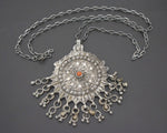Yemeni Filigree Coral Pendant with Dangles on Silver Chain