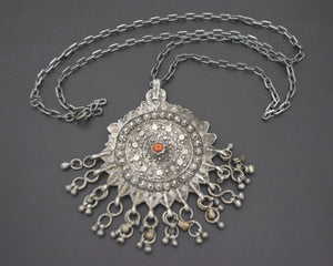 Yemeni Filigree Coral Pendant with Dangles on Silver Chain