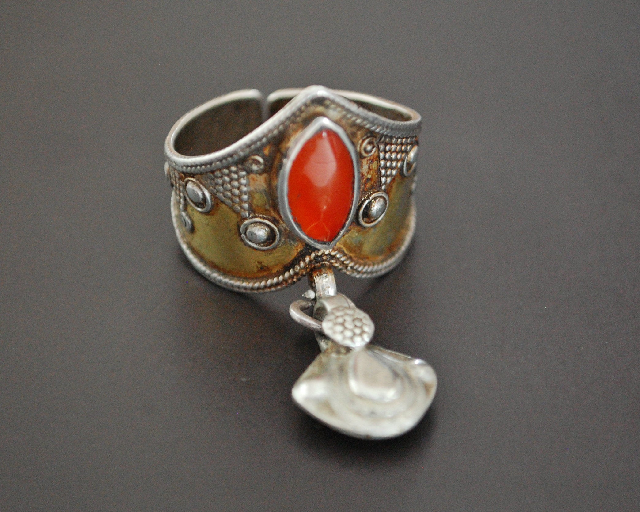 Vintage Kazakh Carnelian Gilded Silver Ring - Size 9.5+
