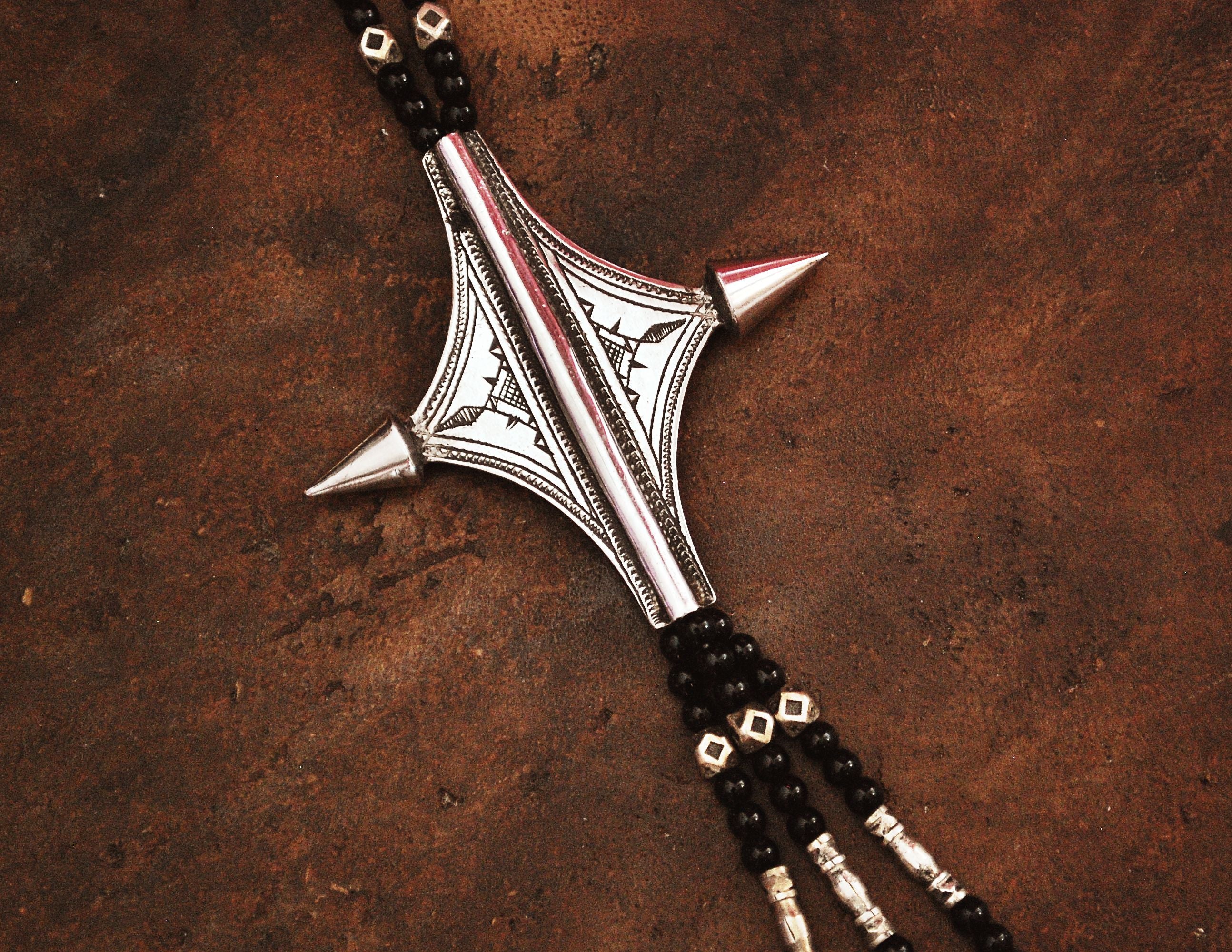 Tuareg "Egourou" Cross Necklace with Glass and Silver Beads