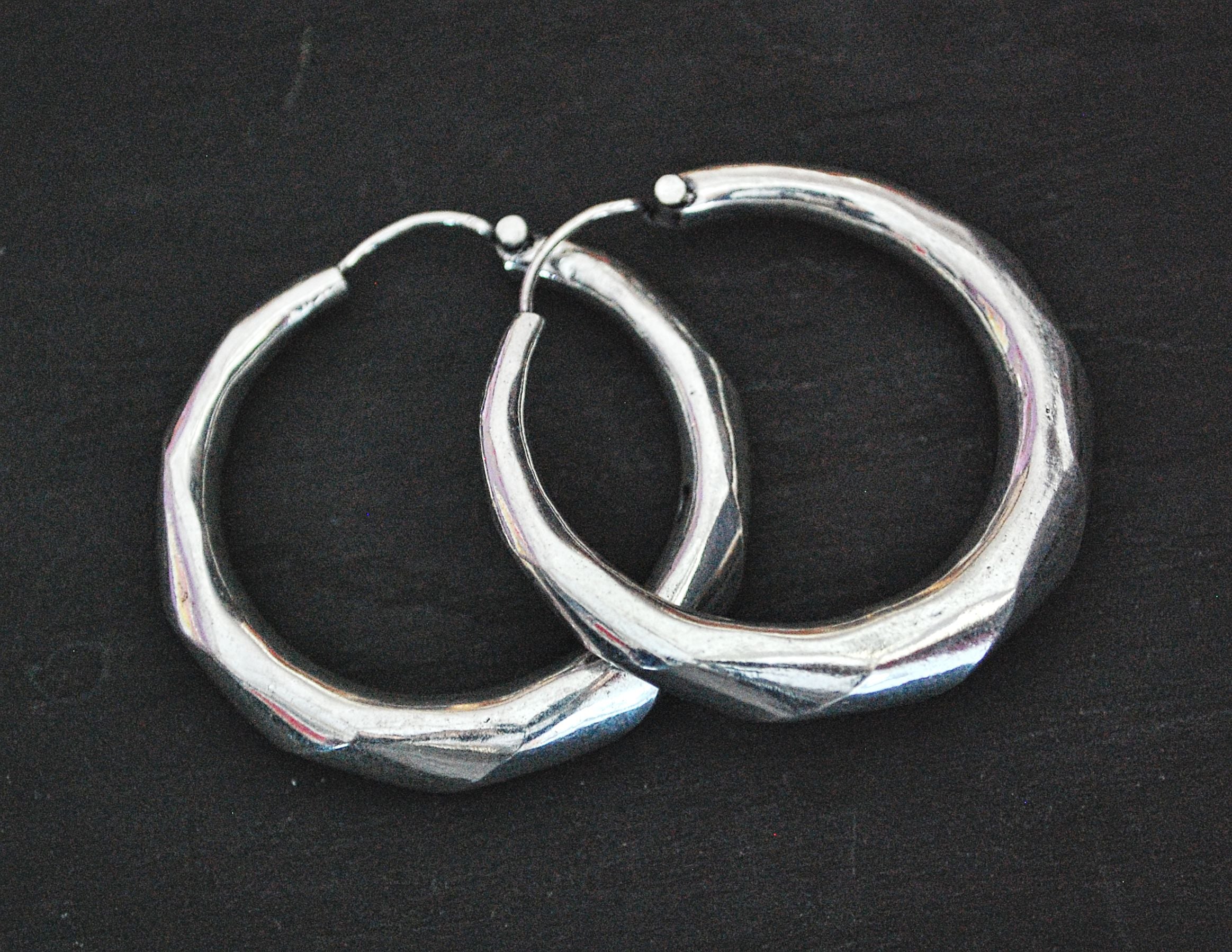 Faceted Ethnic Silver Hoop Earrings