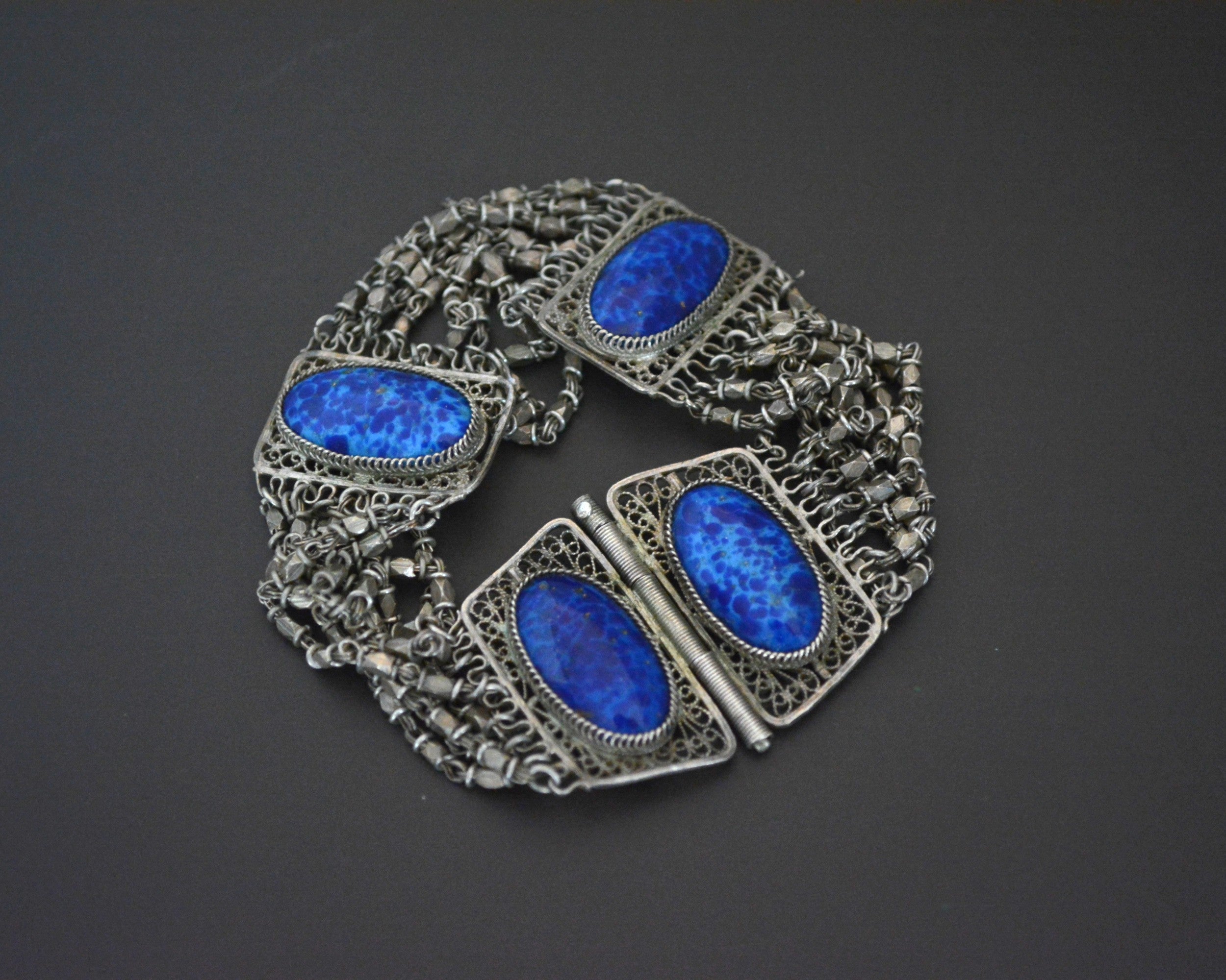 Ethnic Lapis Lazuli Filigree Link Bracelet with Pin
