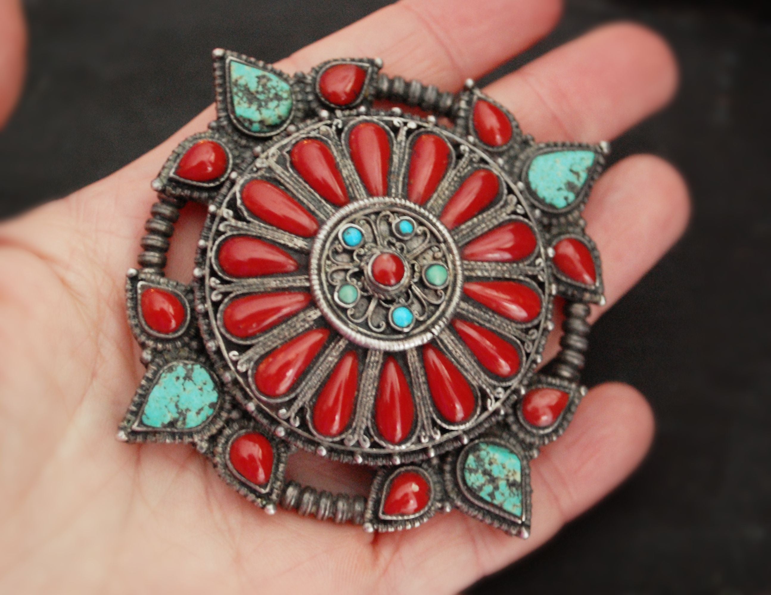 Antique Tibetan Coral and Turquoise Belt Buckle or Pendant
