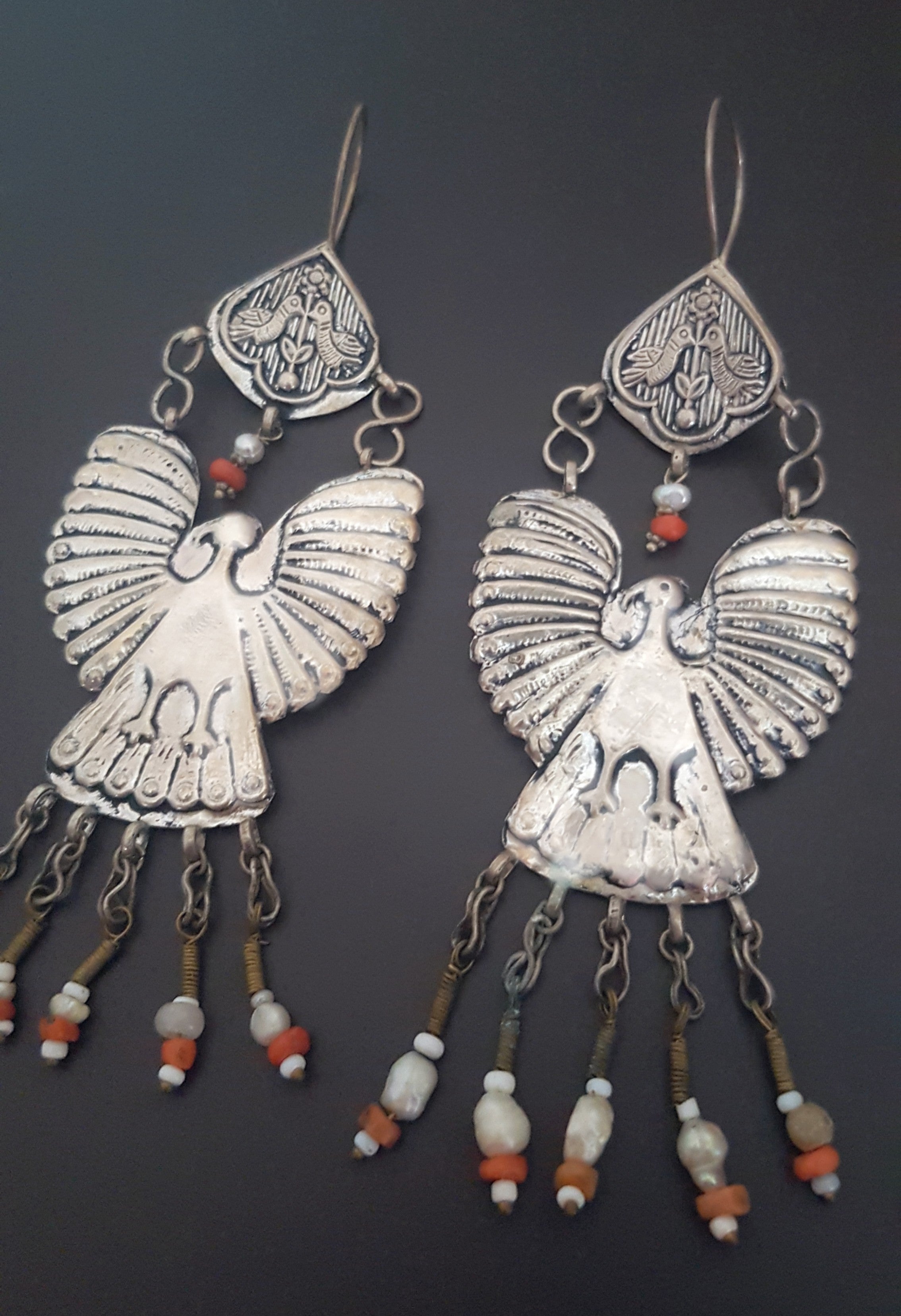Uzbek Coral Pearl Earrings with Bird