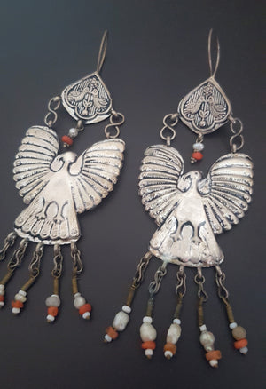 Uzbek Coral Pearl Earrings with Bird