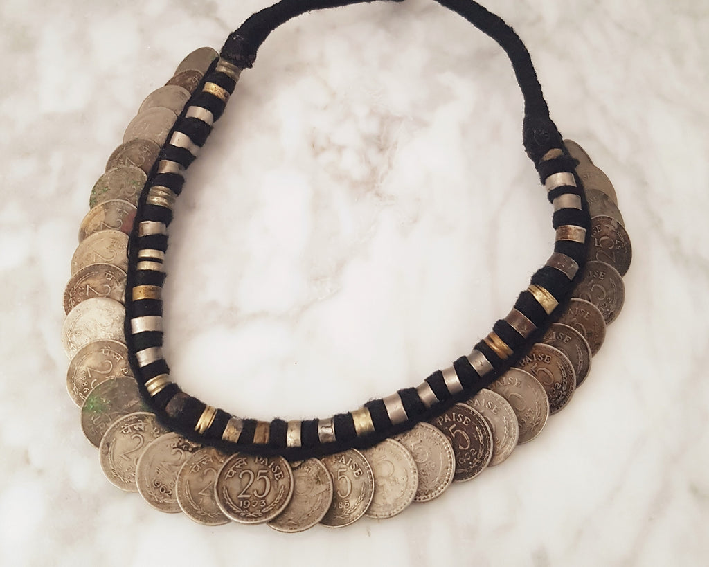 Old Indian Coin Necklace On Cotton Cord