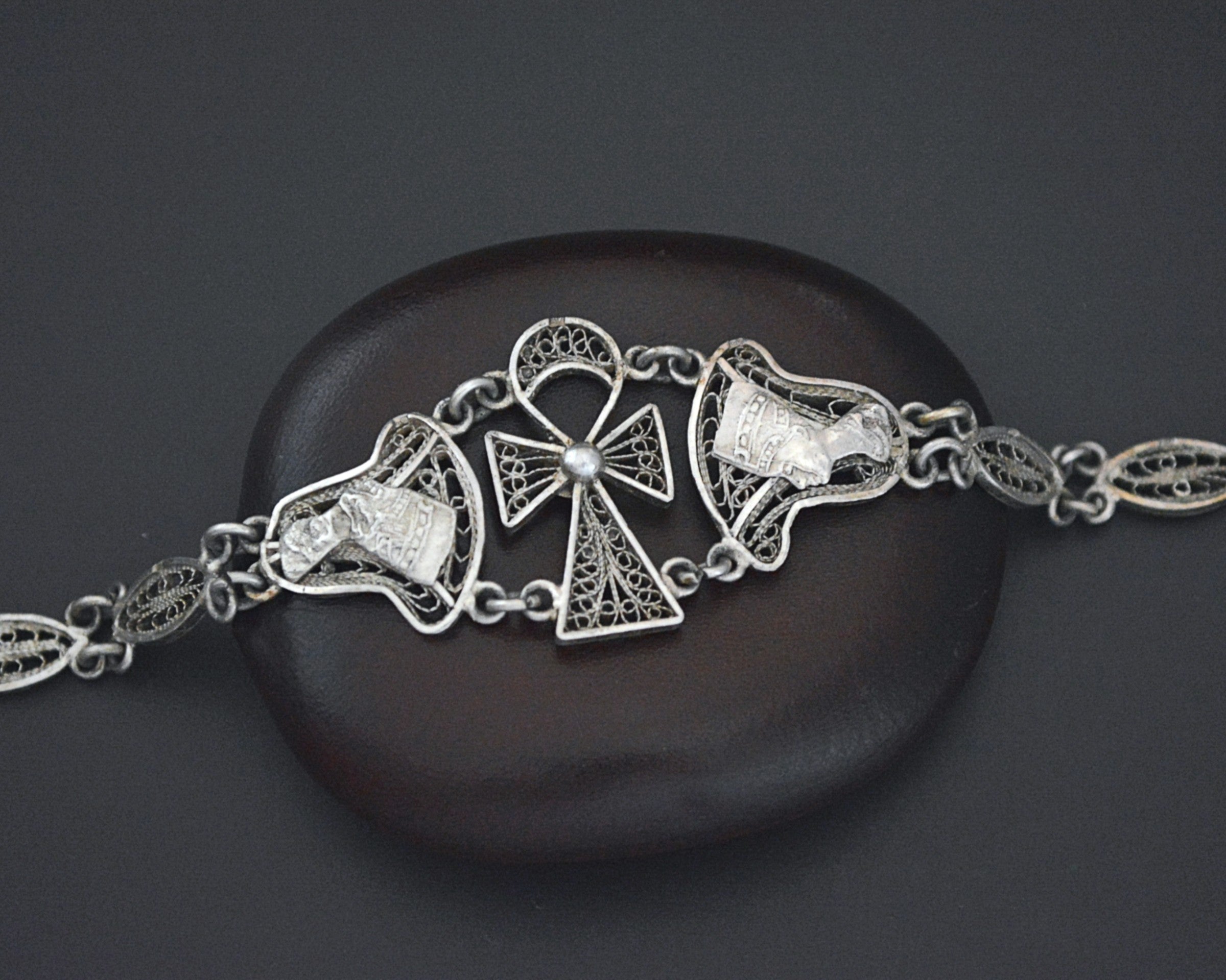 Egyptian Ankh Nefertiti Filigree Link Bracelet