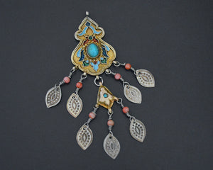 Old Gilded Uzbek Coral Turquoise Pendant with Enamel