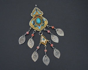Old Gilded Uzbek Coral Turquoise Pendant with Enamel