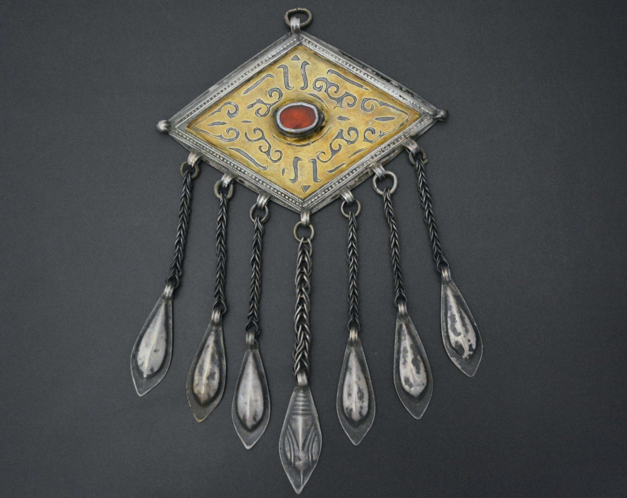 Antique Turkmen Tschapraz Pendant with Carnelian and Dangles