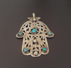 Large Antique Tunisian Hamsa Pendant with Turquoises