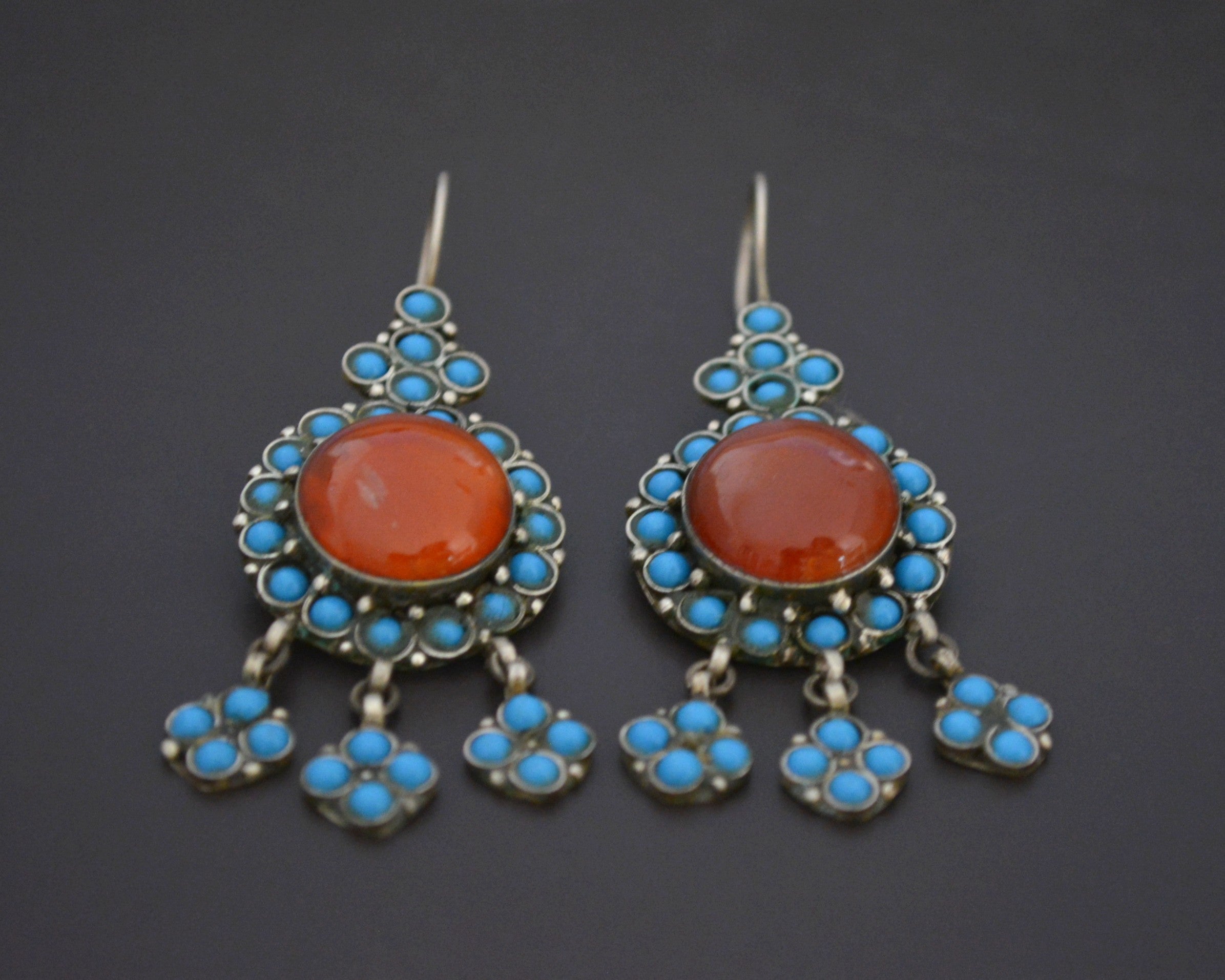 Vintage Turkmen Earrings with Carnelian and Turquoise