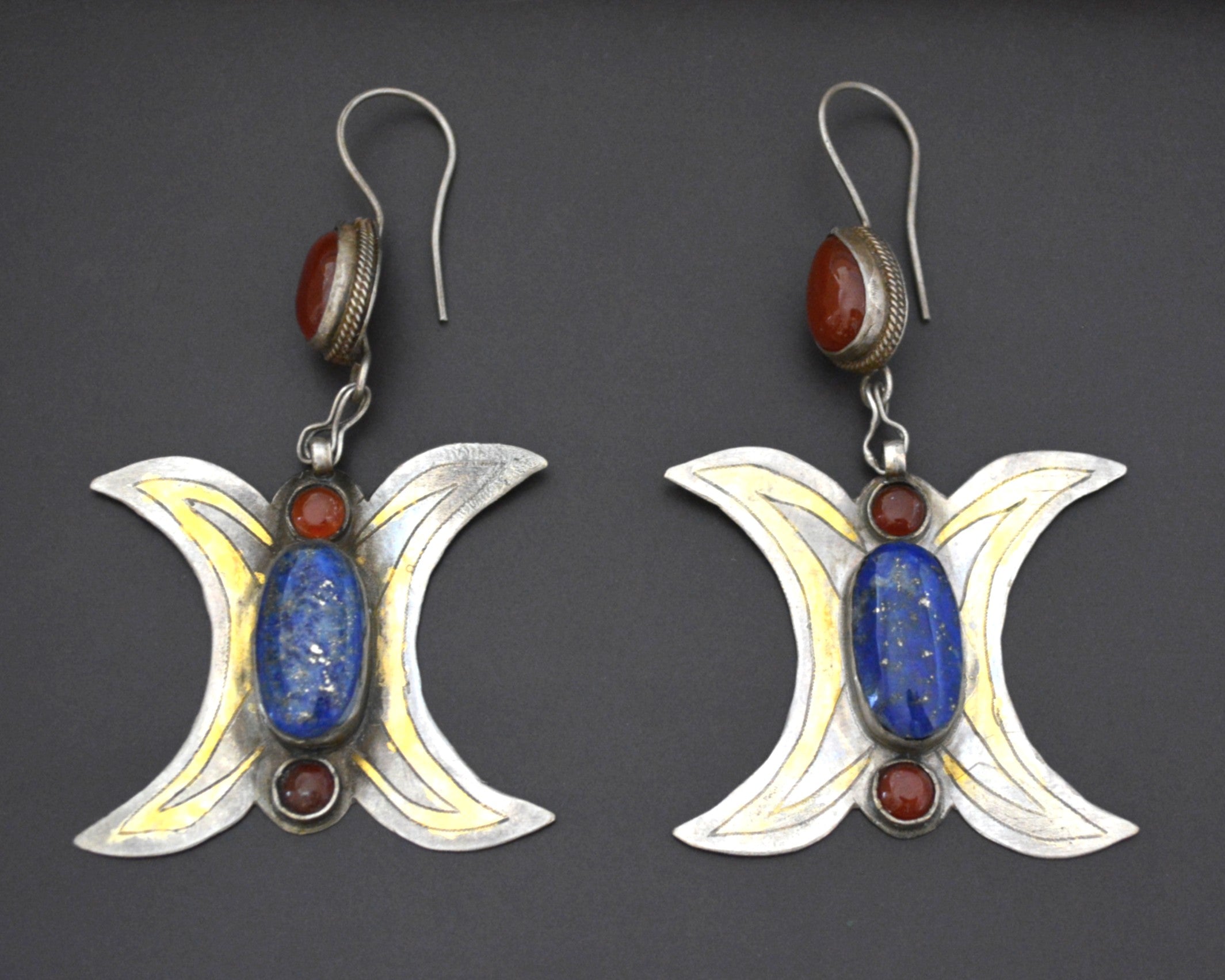 Huge Gilded Turkmen Earrings with Lapis and Carnelian