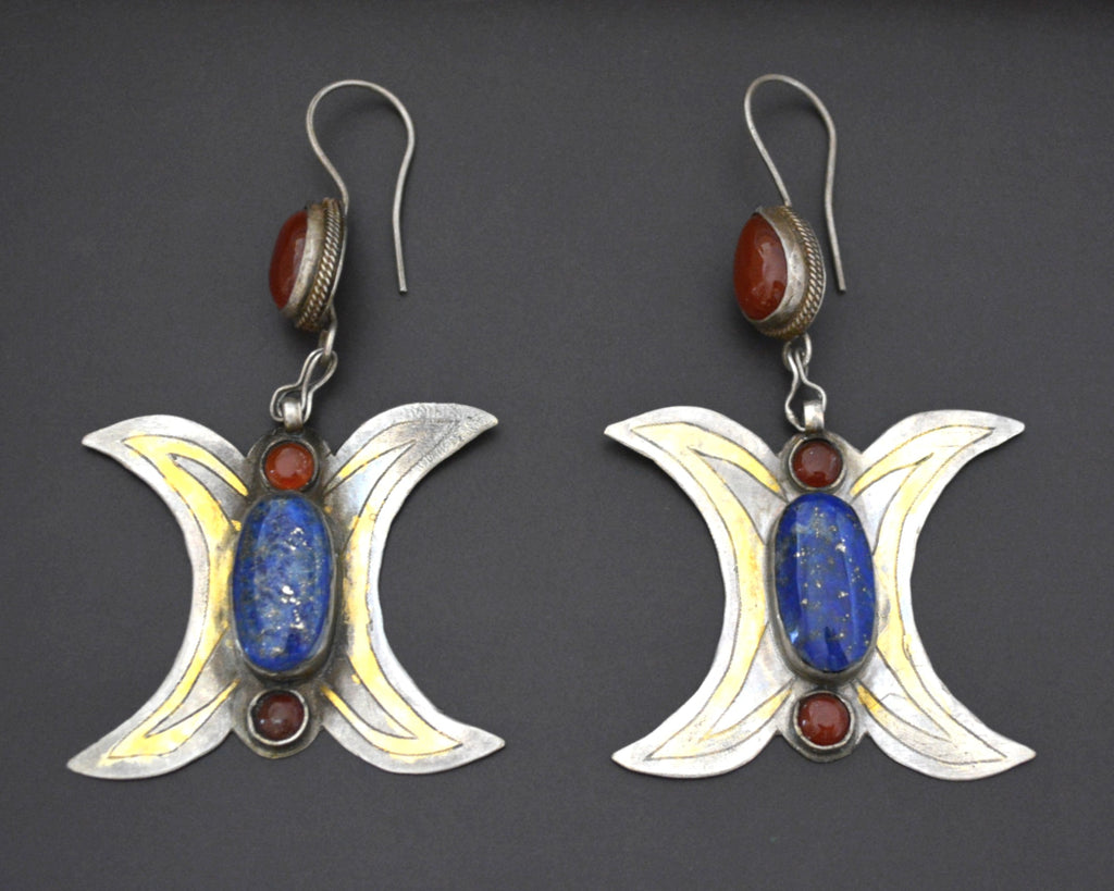 Huge Gilded Turkmen Earrings with Lapis and Carnelian