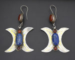 Huge Gilded Turkmen Earrings with Lapis and Carnelian